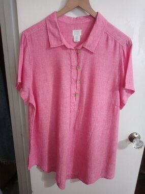 SIGRID OLSEN plus 100% linen half placket short sleeve top (1X)